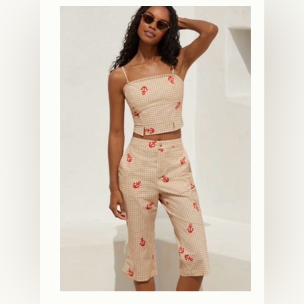 Anthropologie Anchor Print Tan and Red Women's cropped set